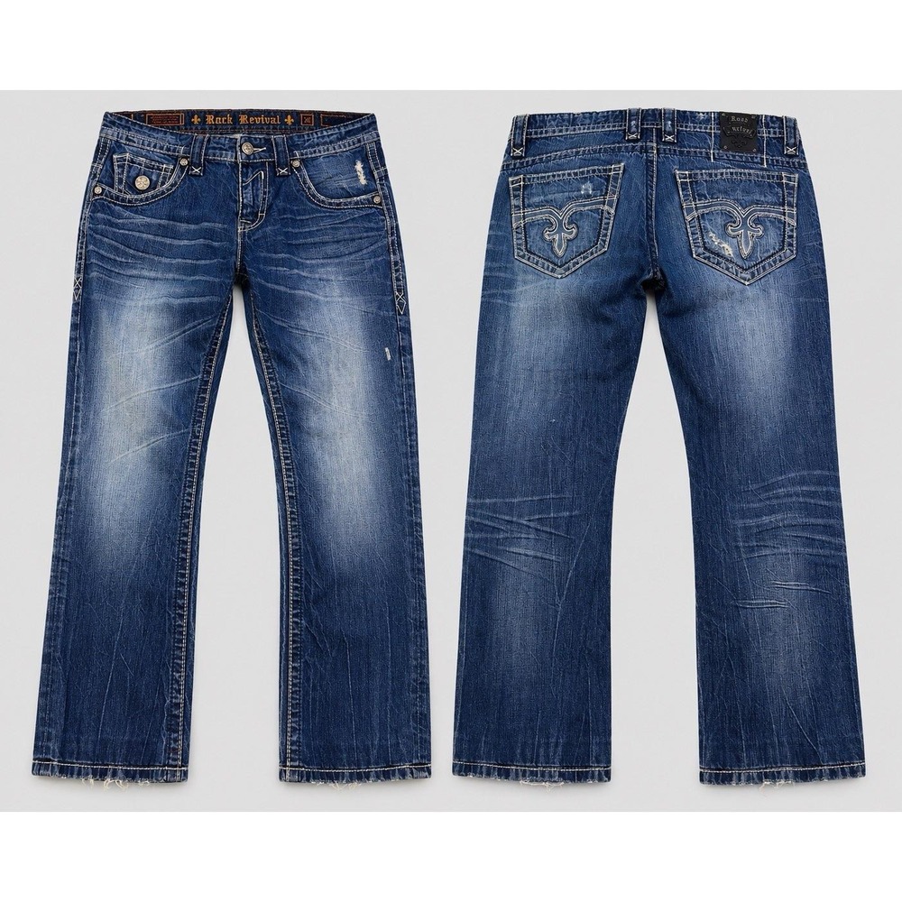 Rock Revival jeans RUSSEL Mens 36 Slim Straight Blue THICK STITCH EMBELISHED